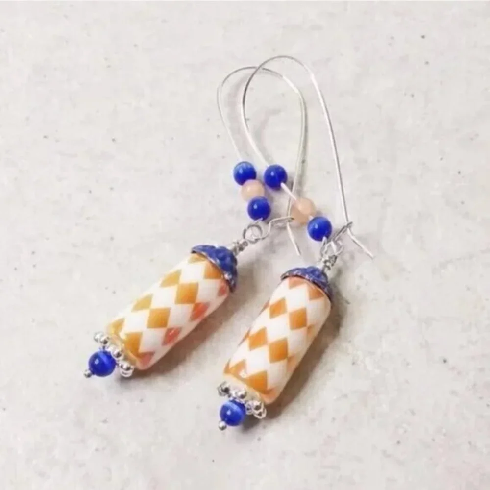 Apricot & Blue Harlequin Earrings • Spunky Summer Vibes • Happy Spring Energy